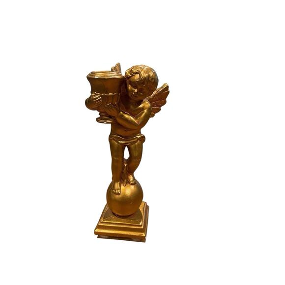 Vintage Gold Cherub Candle Holder, Ceramic, Gold Angel, Taper Candlestick Holder - Picture 2 of 9